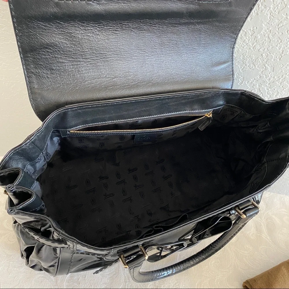 GUCCI Black Patent leather buckle bow Large Tote Bag